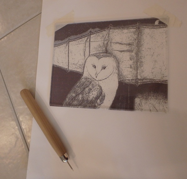 Dry point etching of owl and boat with tool